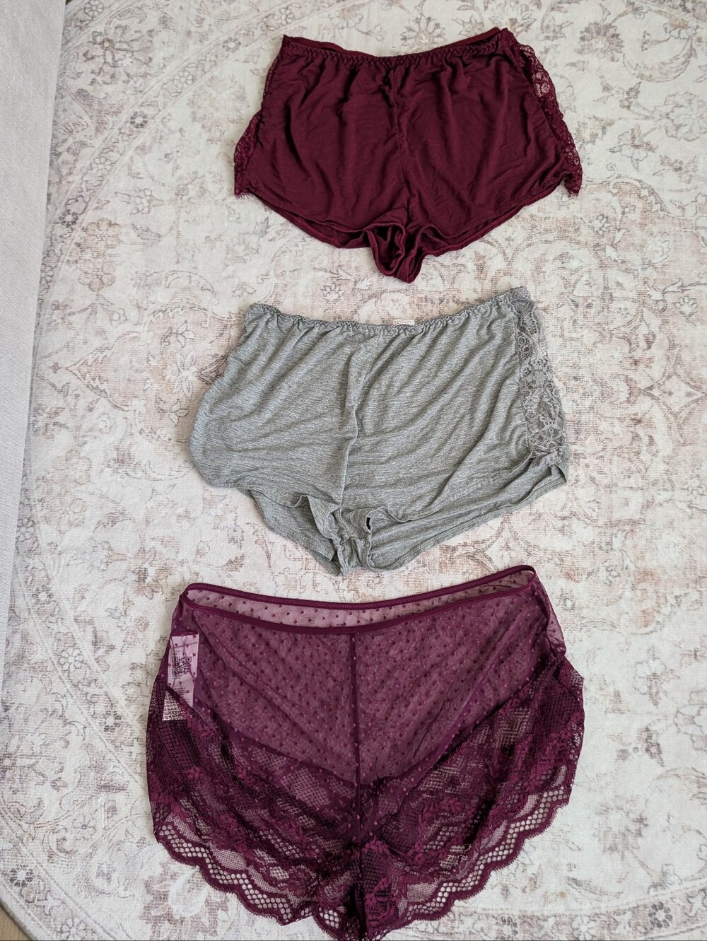 3 Pair Women’s Sleep Shorts Bundle Lace Trim Burgundy Gray Pajama Lounge